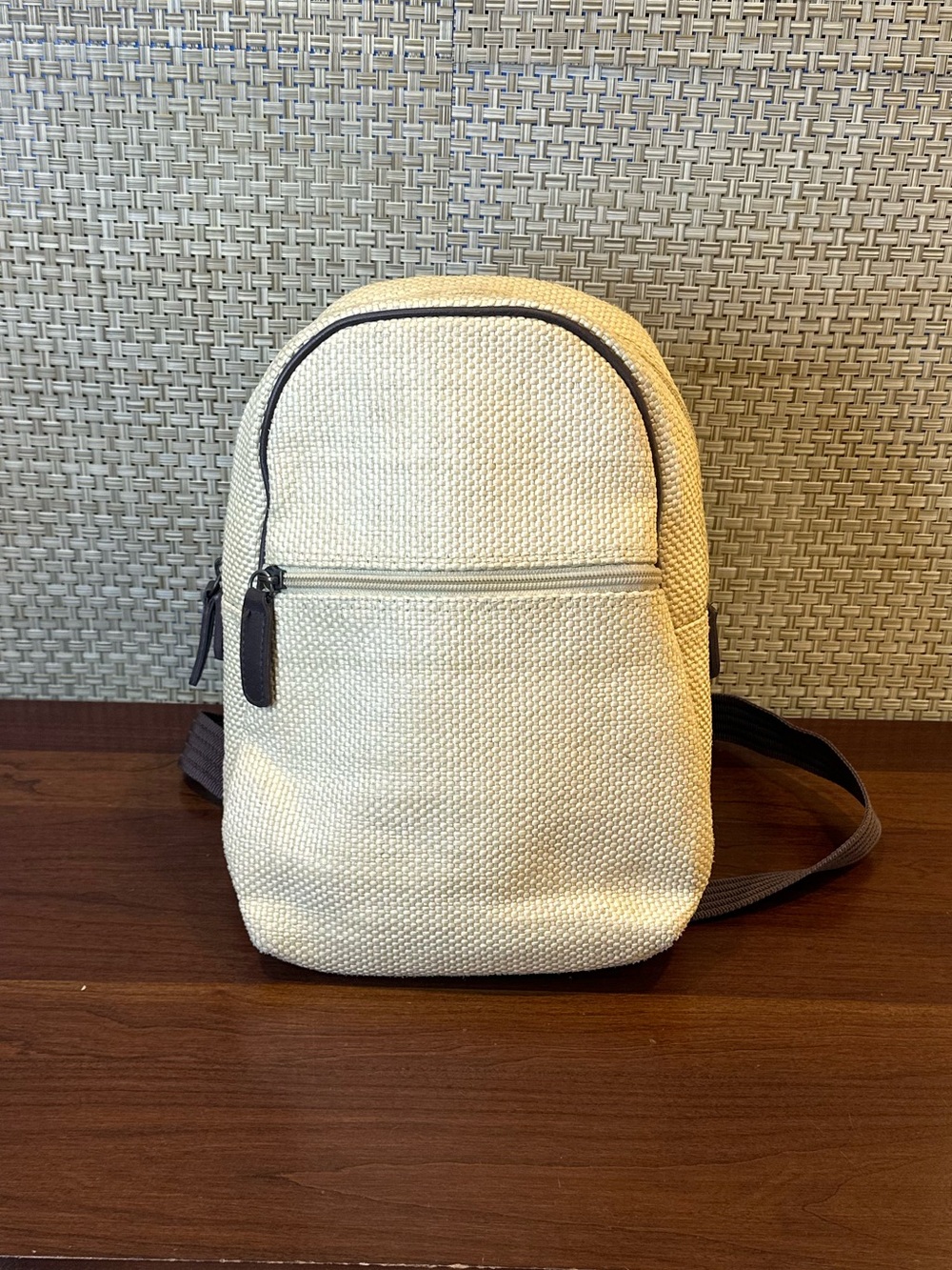 VTG 2000s Gap Cream Woven Straw Mini Backpack Brown Trim Accent